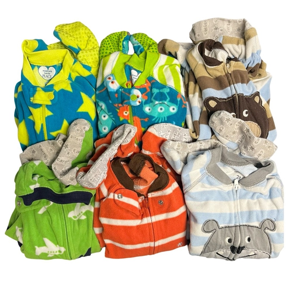 2T 6pc Carters & Children Place Toddler Boys Fleece Footed Zipper Pajamas Lot